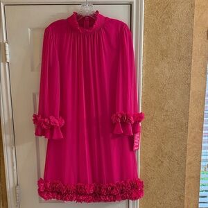 Alex Marie Hot Pink Long Sleeve Ruffle-Trim Dress